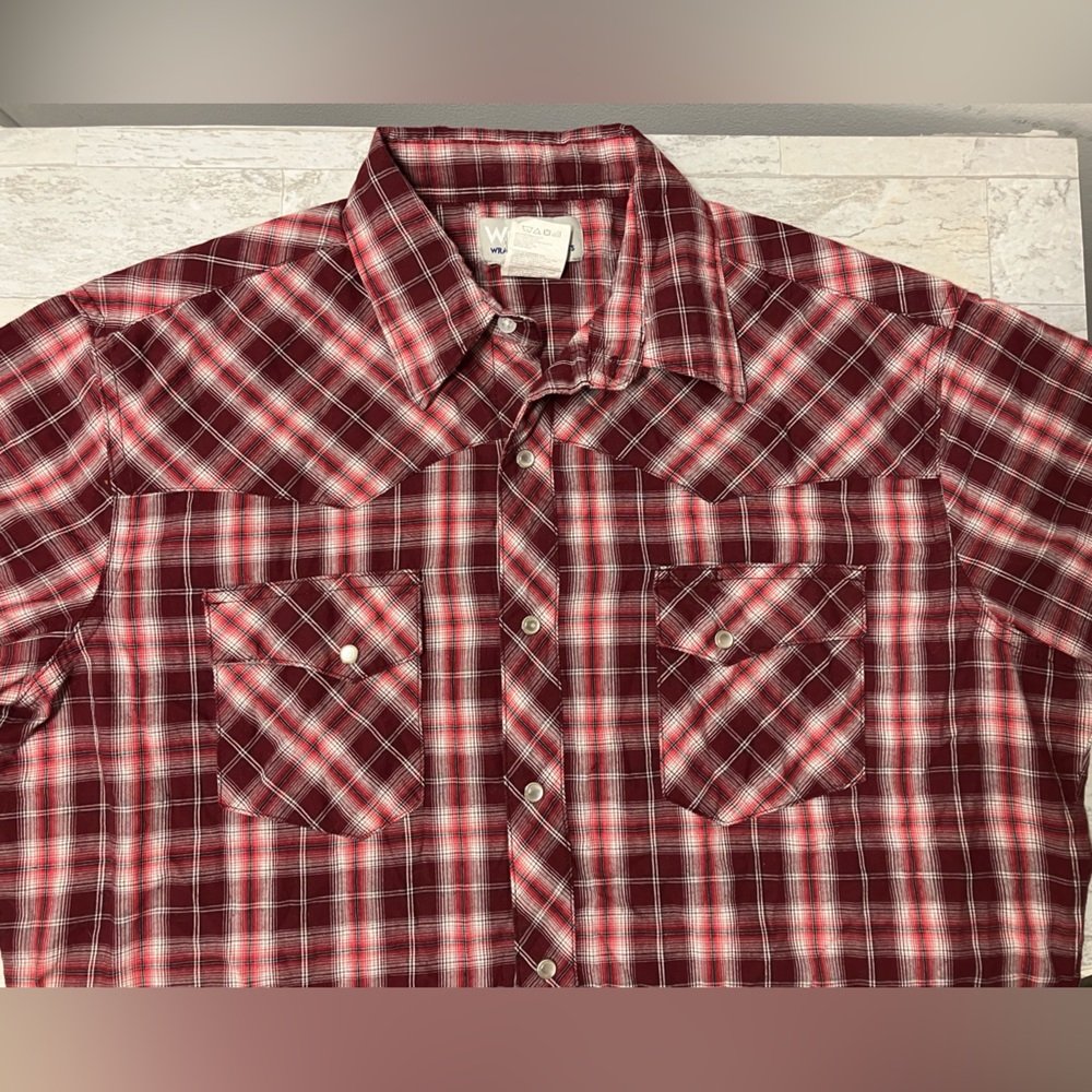 WRANGLER Wrancher Mens Large Pearl Snap Western Shirt red Plaid Long Sleeve